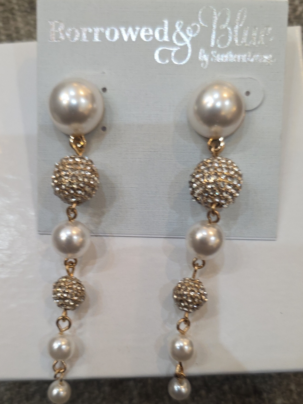 Borrowed & Blue Gold Pearl and Crystal Drop Earrings - White Pearls